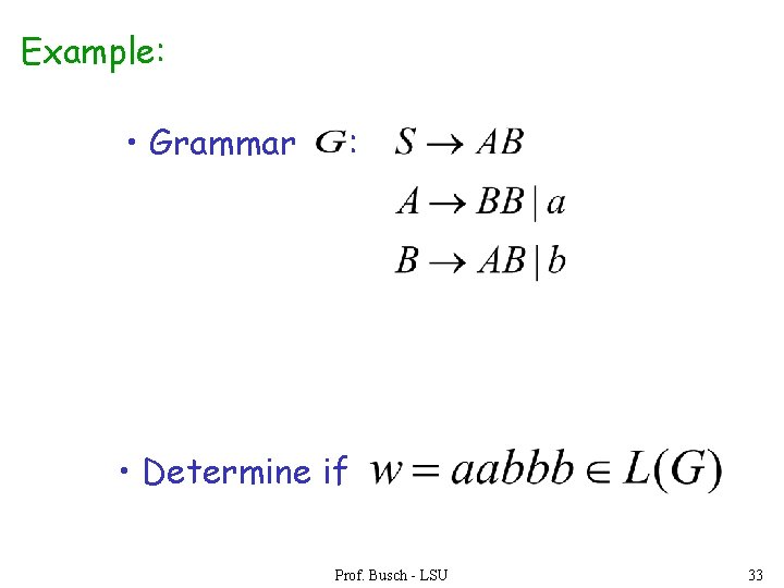 Example: • Grammar : • Determine if Prof. Busch - LSU 33 