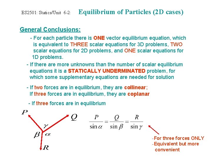ES 2501: Statics/Unit 6 -2: Equilibrium of Particles (2 D cases) General Conclusions: -