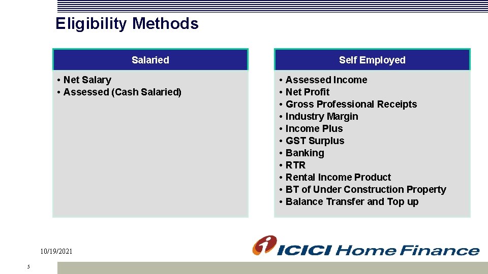 Eligibility Methods Salaried • Net Salary • Assessed (Cash Salaried) 10/19/2021 5 Self Employed