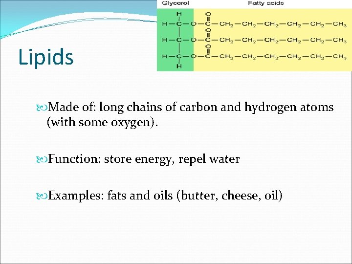 Lipids Made of: long chains of carbon and hydrogen atoms (with some oxygen). Function: