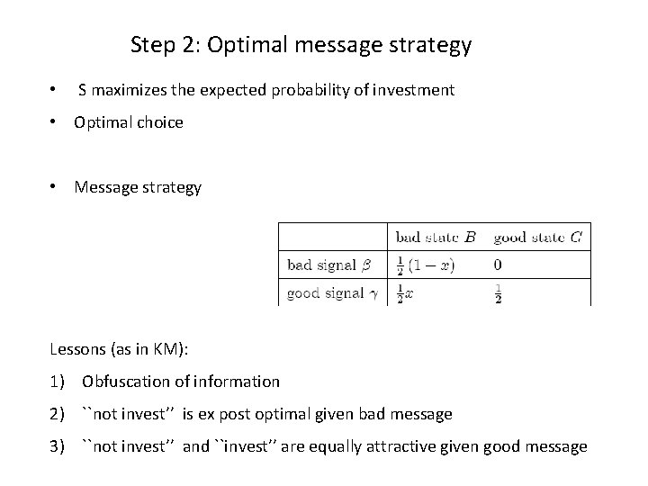Step 2: Optimal message strategy • S maximizes the expected probability of investment •