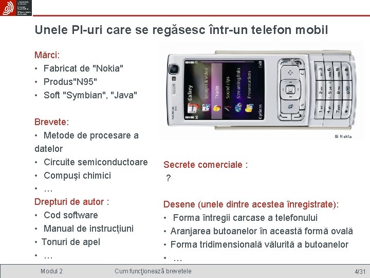 Unele PI-uri care se regăsesc într-un telefon mobil Mărci: • Fabricat de "Nokia" •