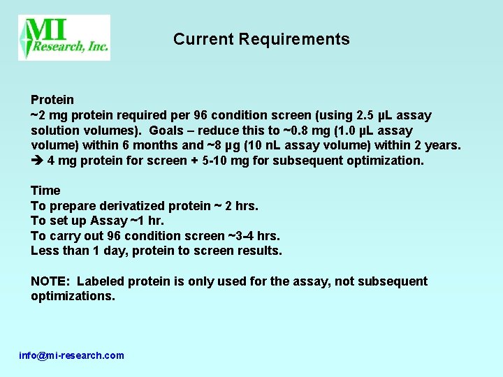 Current Requirements Protein ~2 mg protein required per 96 condition screen (using 2. 5