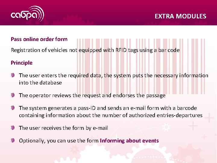 EXTRA MODULES Pass оnline order form Registration of vehicles not equipped with RFID tags
