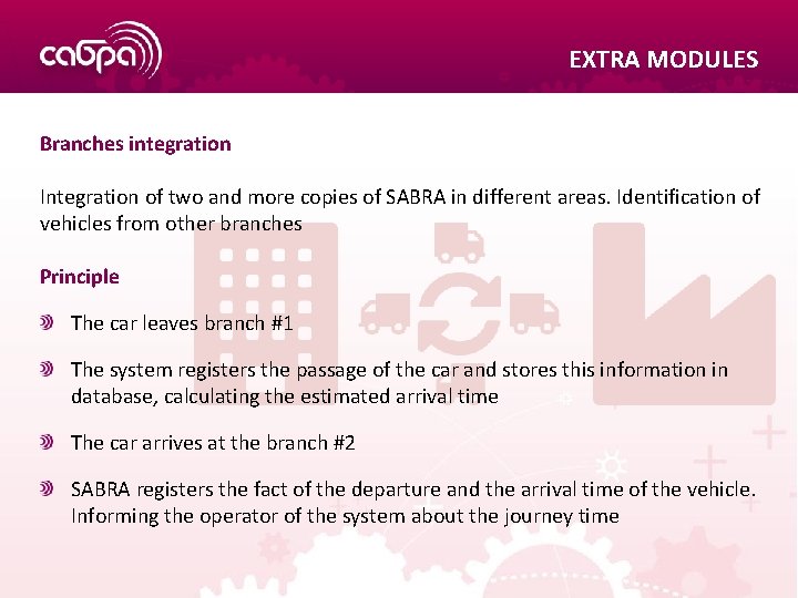 EXTRA MODULES Branches integration Integration of two and more copies of SABRA in different