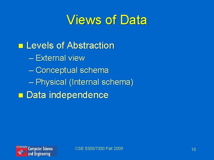 Views of Data n Levels of Abstraction – External view – Conceptual schema –
