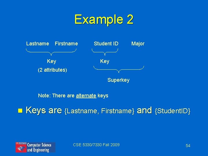 Example 2 Lastname Firstname Key Student ID Major Key (2 attributes) Superkey Note: There