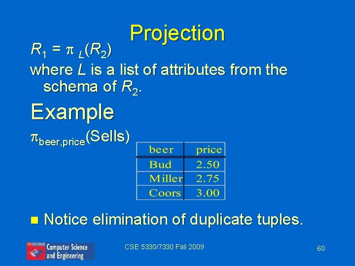 Projection R 1 = L (R 2 ) where L is a list of