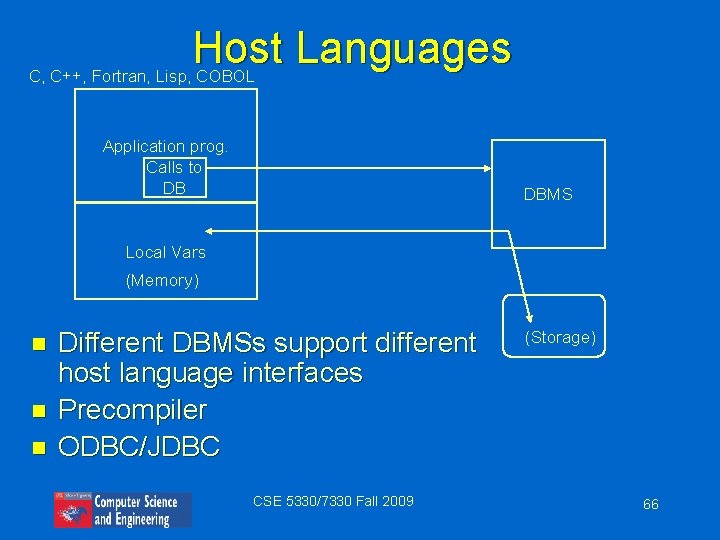 Host Languages C, C++, Fortran, Lisp, COBOL Application prog. Calls to DB DBMS Local