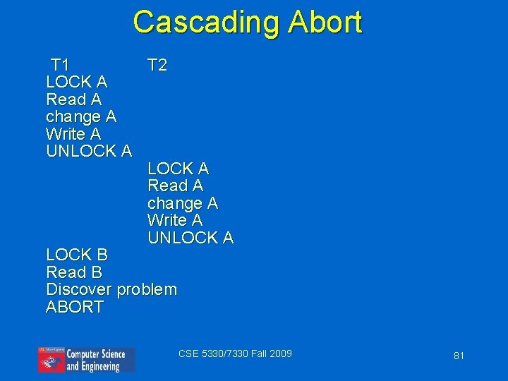 Cascading Abort T 1 T 2 LOCK A Read A change A Write A