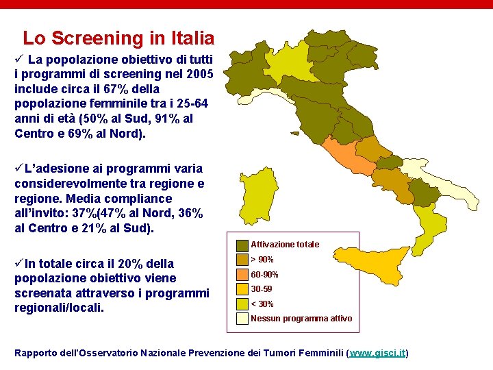 Lo Screening in Italia ü La popolazione obiettivo di tutti i programmi di screening