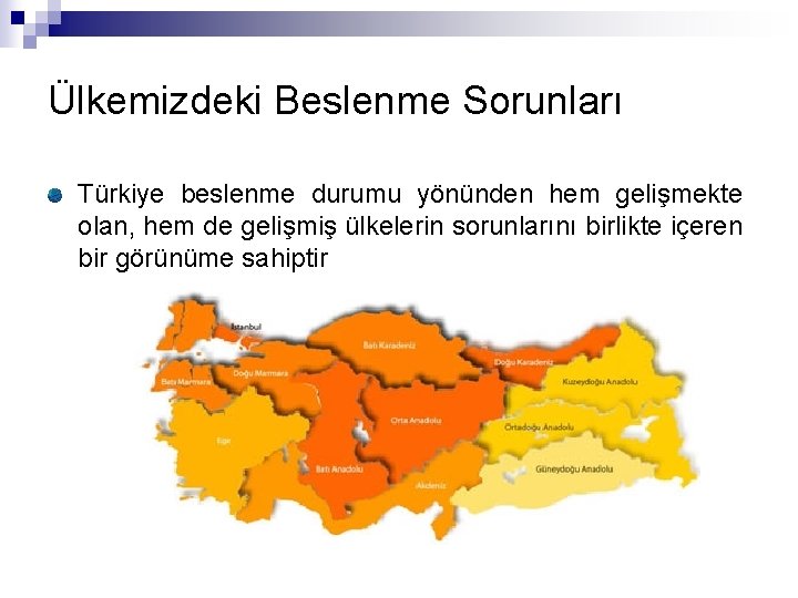 Ülkemizdeki Beslenme Sorunları Türkiye beslenme durumu yönünden hem gelişmekte olan, hem de gelişmiş ülkelerin