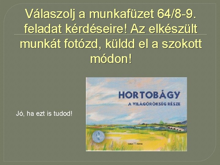 Válaszolj a munkafüzet 64/8 -9. feladat kérdéseire! Az elkészült munkát fotózd, küldd el a