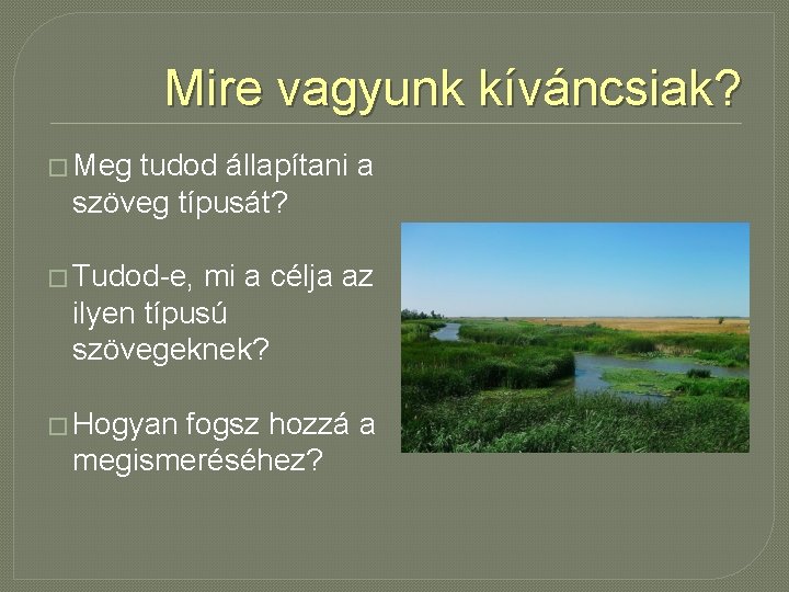 Mire vagyunk kíváncsiak? � Meg tudod állapítani a szöveg típusát? � Tudod-e, mi a