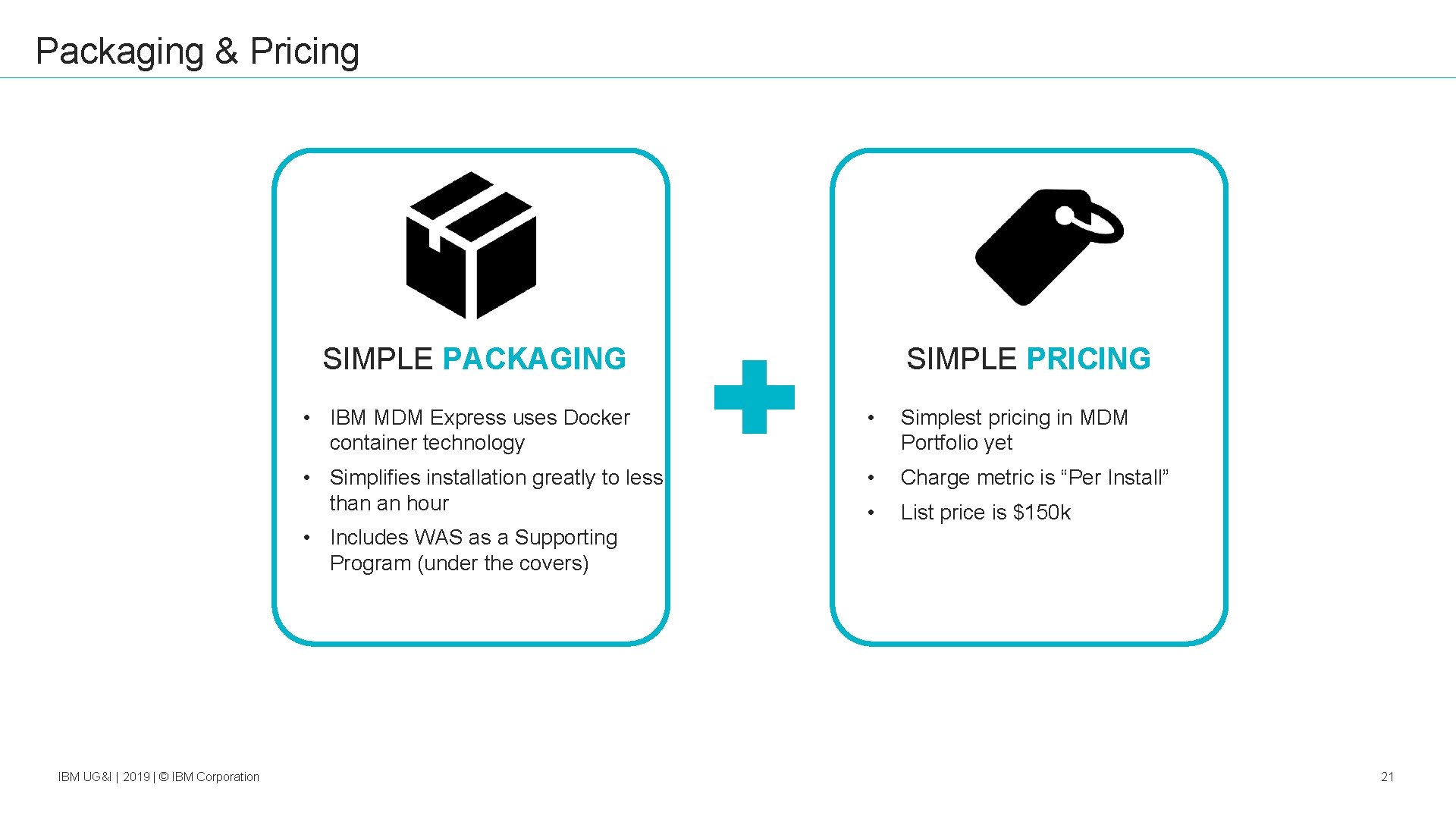 Packaging & Pricing SIMPLE PRICING SIMPLE PACKAGING • IBM MDM Express uses Docker container