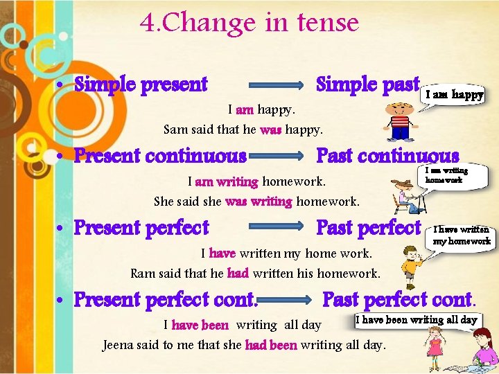 4. Change in tense • Simple present Simple past • Present continuous Past continuous