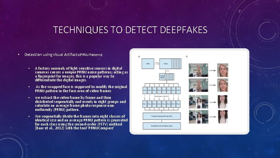 TECHNIQUES TO DETECT DEEPFAKES • Detection using visual Artifacts(PRNU Patterns) • A factory anomaly