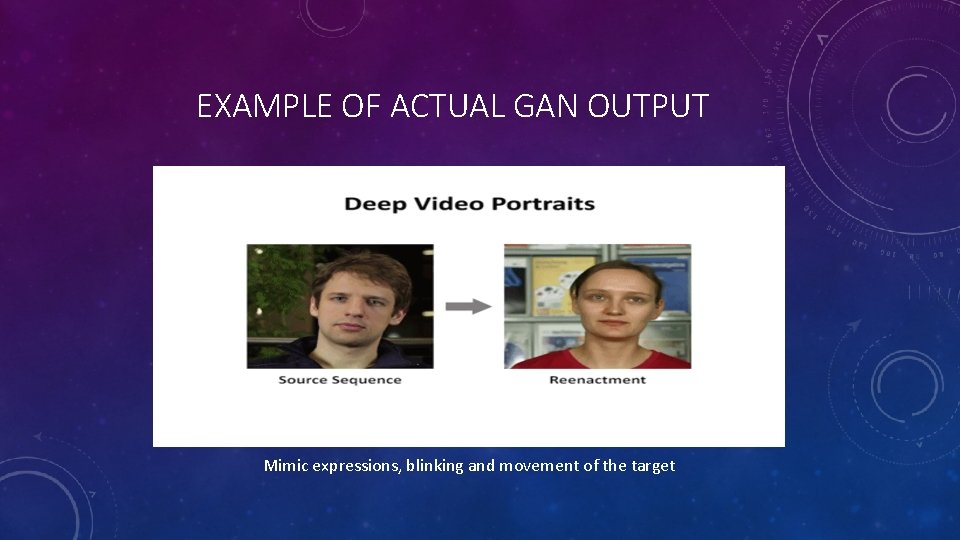 EXAMPLE OF ACTUAL GAN OUTPUT Mimic expressions, blinking and movement of the target 