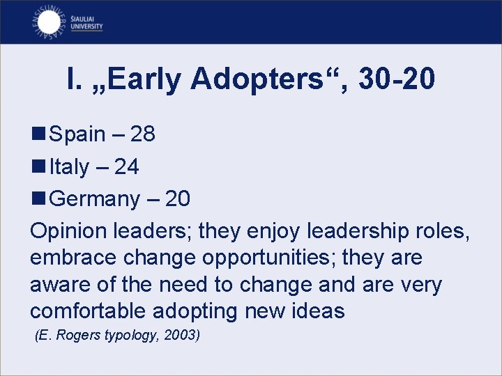 I. „Early Adopters“, 30 -20 n Spain – 28 n Italy – 24 n