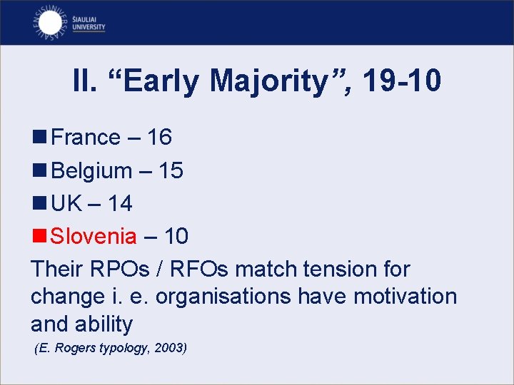 II. “Early Majority”, 19 -10 n France – 16 n Belgium – 15 n