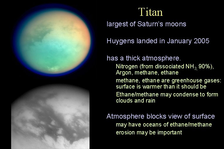 Titan • largest of Saturn’s moons • Huygens landed in January 2005 • has