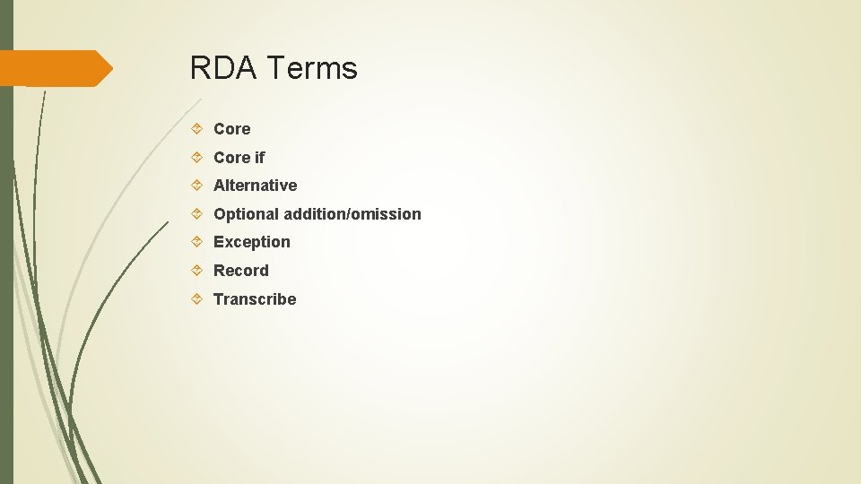 RDA Terms Core if Alternative Optional addition/omission Exception Record Transcribe 