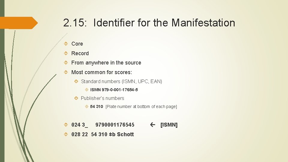 2. 15: Identifier for the Manifestation Core Record From anywhere in the source Most