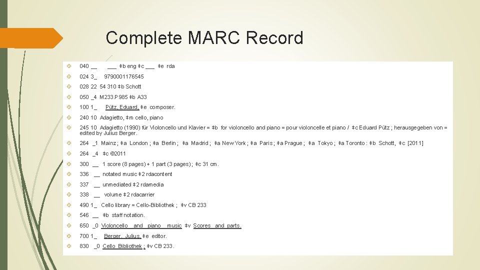 Complete MARC Record 040 __ 024 3_ 028 22 54 310 ǂb Schott 050