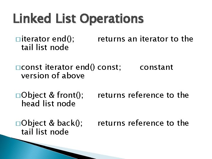 Linked List Operations � iterator end(); tail list node � const returns an iterator