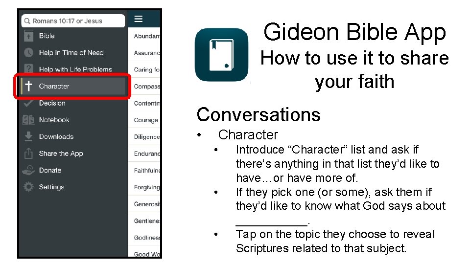 Gideon Bible App How to use it to share your faith Conversations • Character