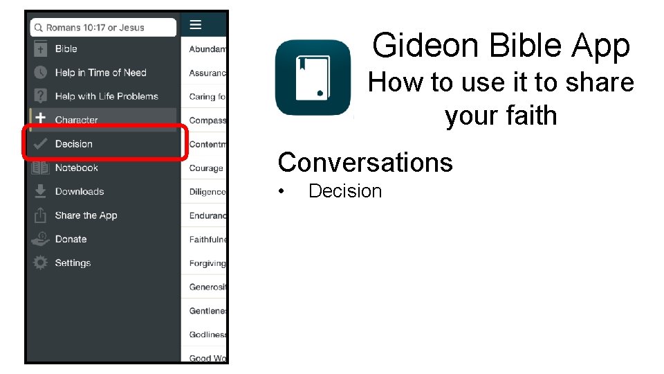 Gideon Bible App How to use it to share your faith Conversations • Decision