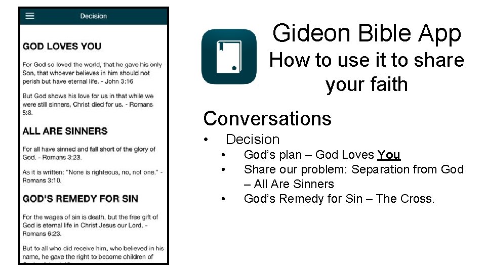 Gideon Bible App How to use it to share your faith Conversations • Decision