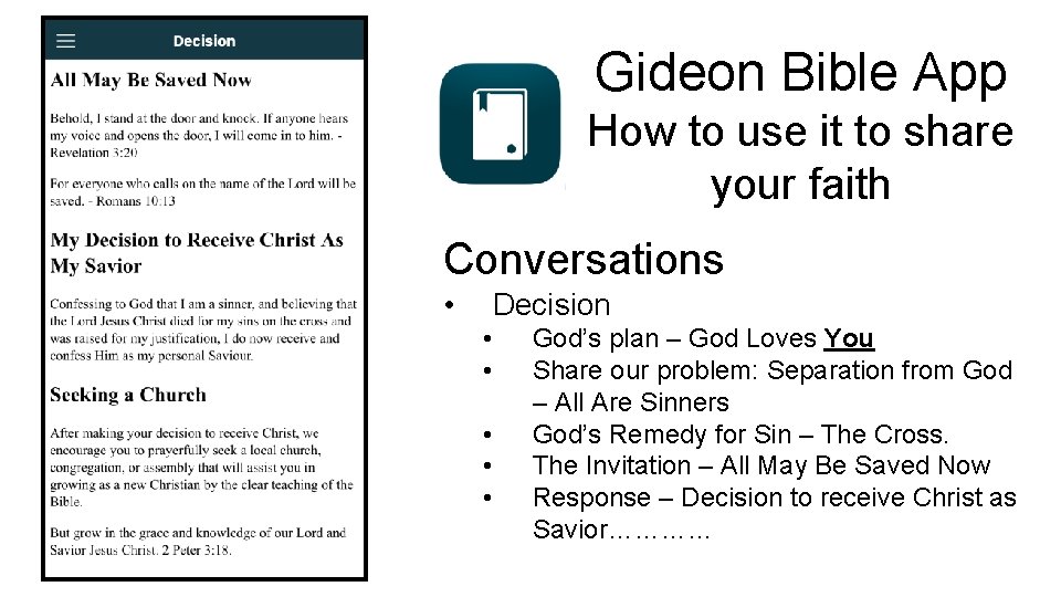 Gideon Bible App How to use it to share your faith Conversations • Decision