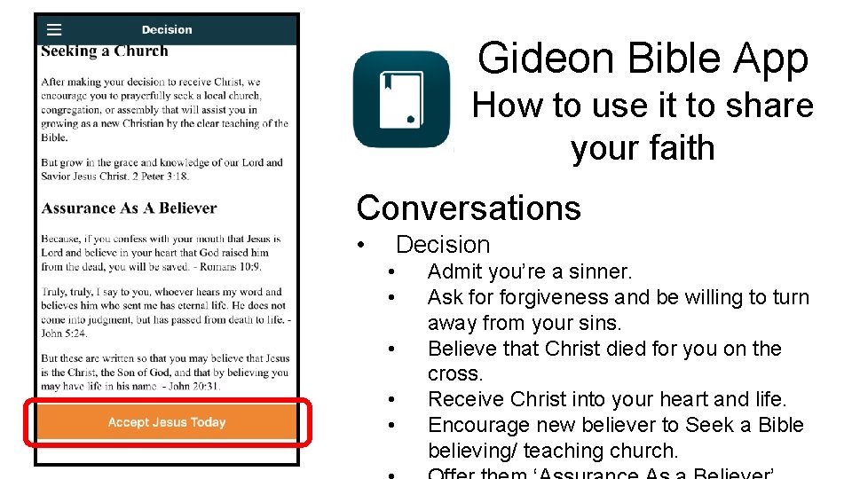Gideon Bible App How to use it to share your faith Conversations • Decision