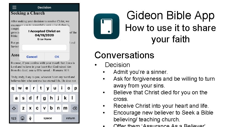 Gideon Bible App How to use it to share your faith Conversations • Decision