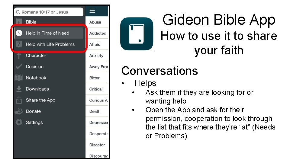 Gideon Bible App How to use it to share your faith Conversations • Helps