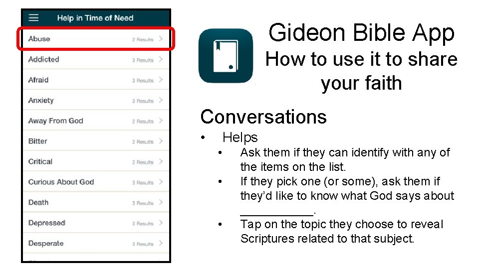 Gideon Bible App How to use it to share your faith Conversations • Helps