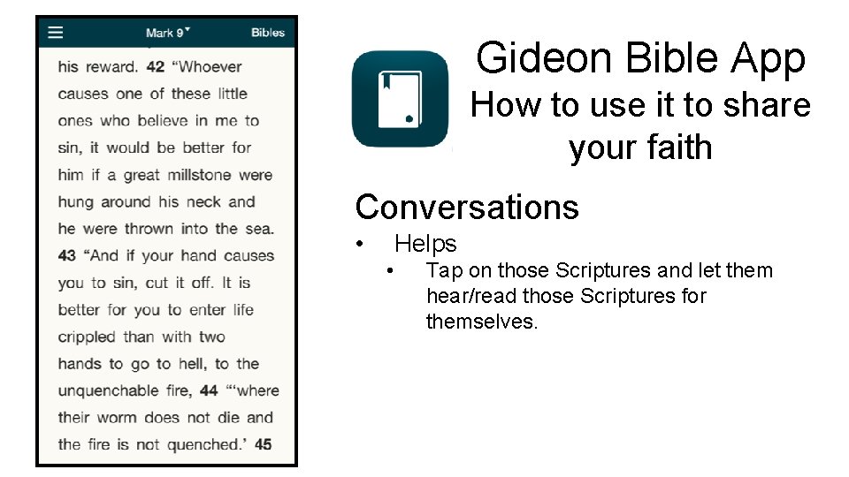 Gideon Bible App How to use it to share your faith Conversations • Helps