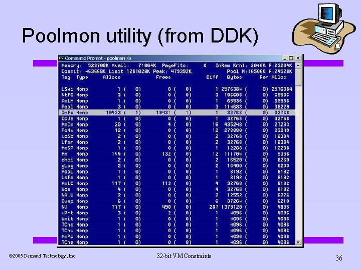 Poolmon utility (from DDK) ã 2005 Demand Technology, Inc. 32 -bit VM Constraints 36 Poolmon utility (from DDK) ã 2005 Demand Technology, Inc. 32 -bit VM Constraints 36