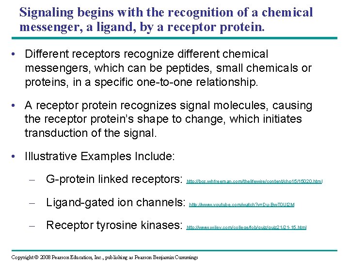 Signaling begins with the recognition of a chemical messenger, a ligand, by a receptor