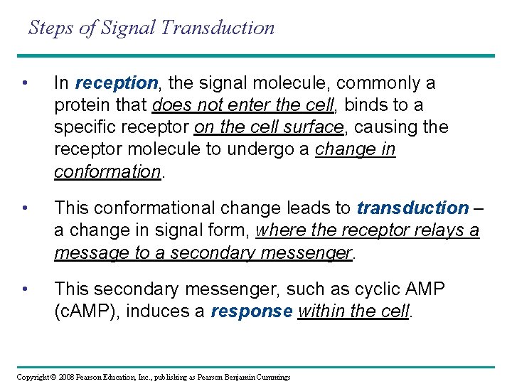 Steps of Signal Transduction • In reception, the signal molecule, commonly a protein that