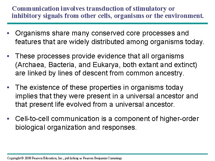 Communication involves transduction of stimulatory or inhibitory signals from other cells, organisms or the