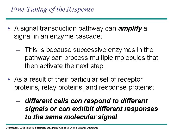 Fine-Tuning of the Response • A signal transduction pathway can amplify a signal in