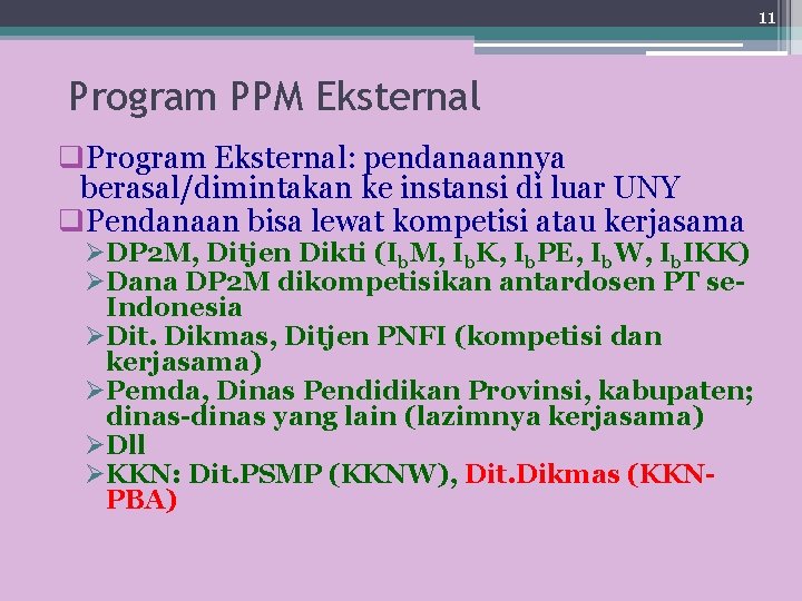 11 Program PPM Eksternal q. Program Eksternal: pendanaannya berasal/dimintakan ke instansi di luar UNY