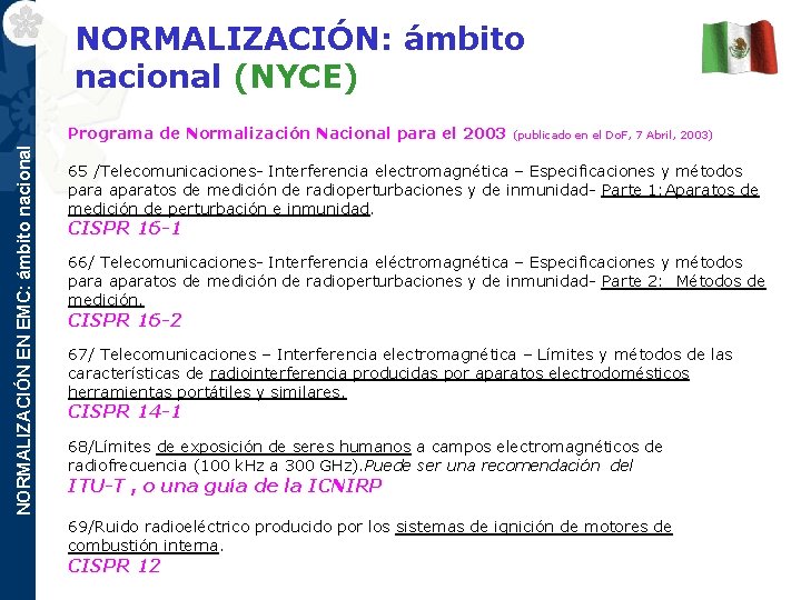 NORMALIZACIÓN: ámbito nacional (NYCE) NORMALIZACIÓN EN EMC: ámbito nacional Programa de Normalización Nacional para
