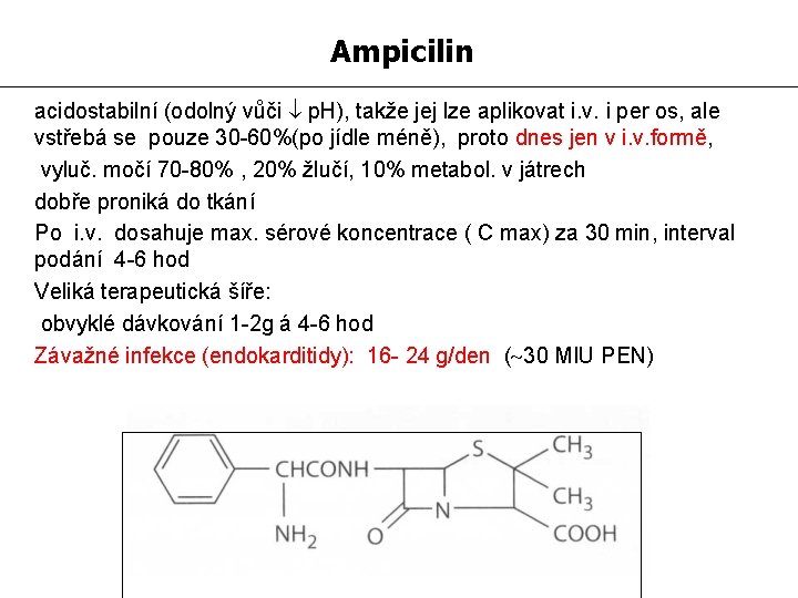 Ampicilin acidostabilní (odolný vůči p. H), takže jej lze aplikovat i. v. i per