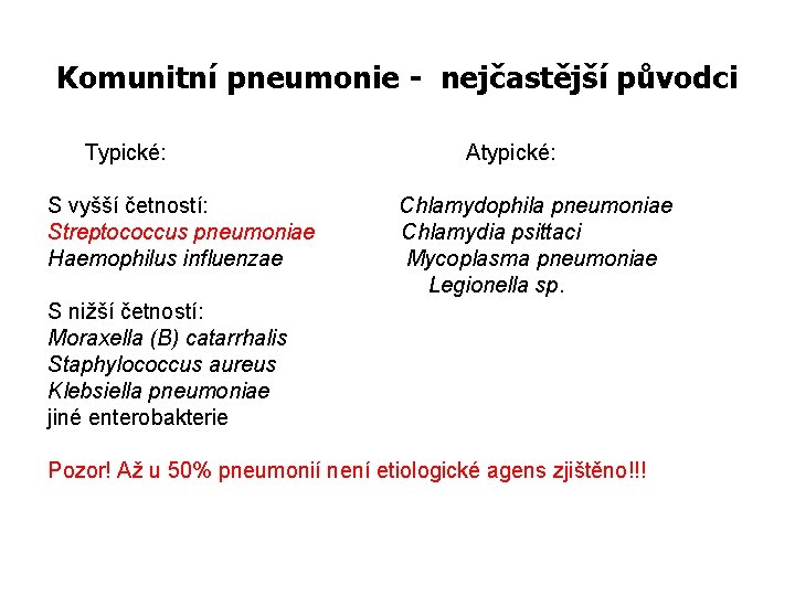 Komunitní pneumonie - nejčastější původci Typické: S vyšší četností: Streptococcus pneumoniae Haemophilus influenzae Atypické: