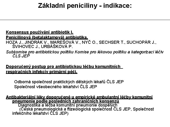 Základní peniciliny - indikace: Konsensus používání antibiotik I. Penicilinová (betalaktamová) antibiotika. HOZA J. ,