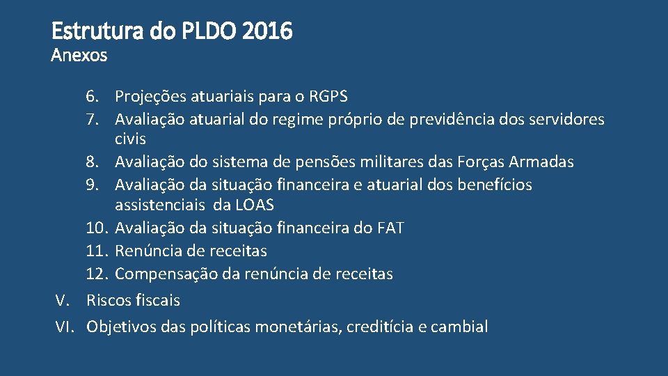 Estrutura do PLDO 2016 Anexos 6. Projeções atuariais para o RGPS 7. Avaliação atuarial