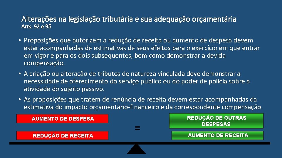 Alterações na legislação tributária e sua adequação orçamentária Arts. 92 e 95 • Proposições